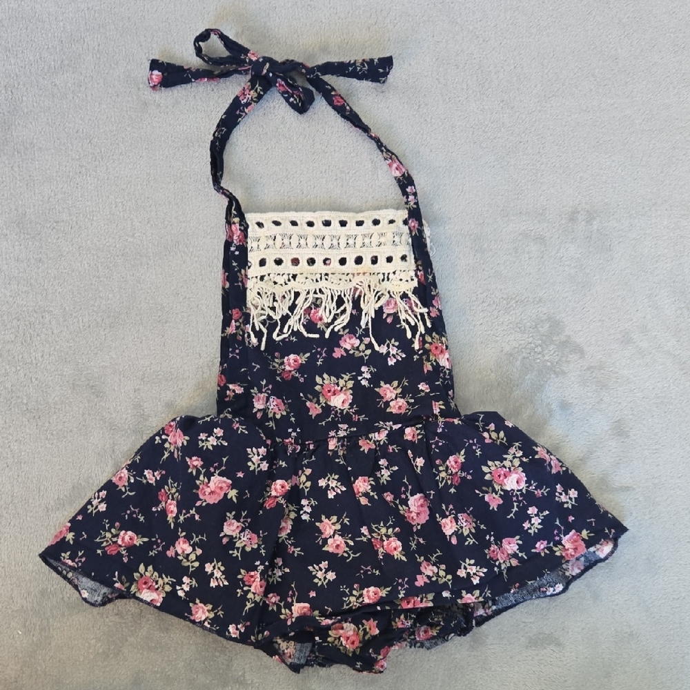 Blue and Pink Floral Jumpsuit with Ruffled Skirt